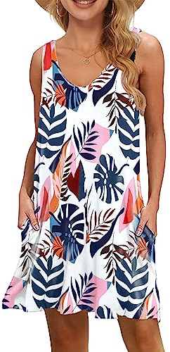 WNEEDU Damen Leichte Sommerkleid V-Ausschnit Swing Tank-Kleid Ärmellos Strandkleid Knielang mit Taschen