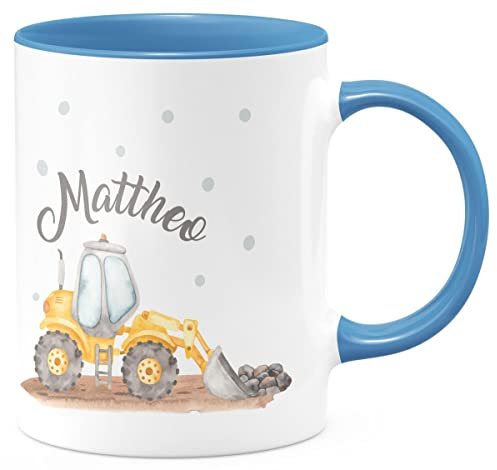 miKalino Keramik Tasse Radlader mit Namen | Kaffee Becher Kaffeetasse Geschenk, Farbe:cambridgeblue, Grösse:330ml