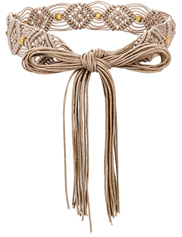 Yolev Flechtgürtel Damen Boho Stil Taillengürtel Western Quasten Gürtel Seil Geflecht Holzperlen Bund Breiter Geflochtener Mittelalter Gürtel Khaki Mädchen für Kleid