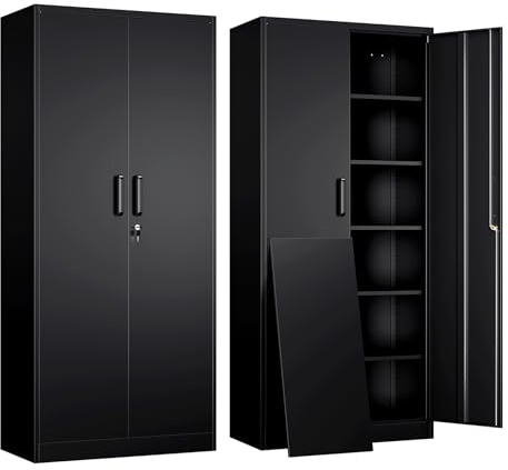 Yizosh Metal Garage Storage Cabinet with 2 Doors and 5 Adjustable Shelves - 71 Steel Lockable File Cabinet,Locking Tool Cabinets for Office,Home,Garage,Gym,School (Black)