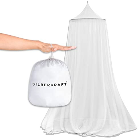 Silberkraft Moskitonetz XXL mit Deckenhaken & Dübel | Reißfestes Mückennetz für Einzelbett & Doppelbett, Schutz auf Reisen & Zuhause, Ultra feinmaschig 225er WHO-Empfehlung