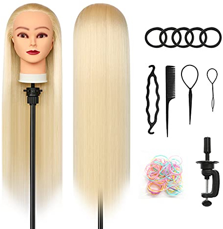 Trainingsköpfe, 28 inch Frisierkopf 100% Synthetikfaser-Haar Übungskopf, Frisurenkopf Ausbildung Kopf Mit Halter + DIY Haar Styling Braid Set (Blond)