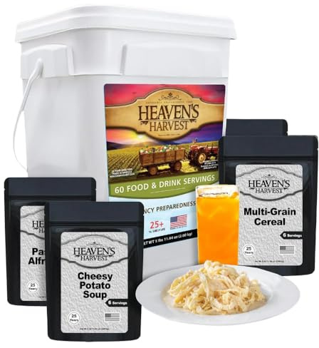 Heaven's Harvest 1 Woche Kit Notfall-Nahrungsvorrat (60 Portionen Essen & Getränke) – 100% echtes gefriergetrocknetes Survival Food Kit mit 25 Jahren Haltbarkeit.Nicht verderbliche & perfekte