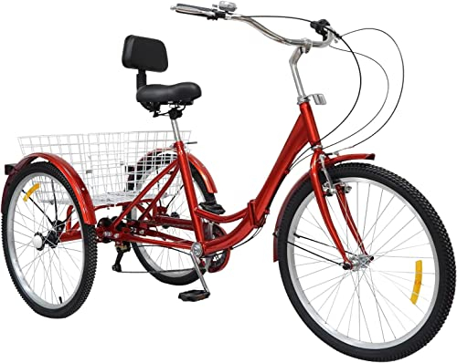 24-Zoll-Faltrad für Erwachsene, Senioren, 3 Räder, Cruiser-Fahrrad, 24-Zoll-Dreirad für Erwachsene mit Einkaufskorb, 7 Geschwindigkeiten, bequemer Sitz mit Rückenlehne