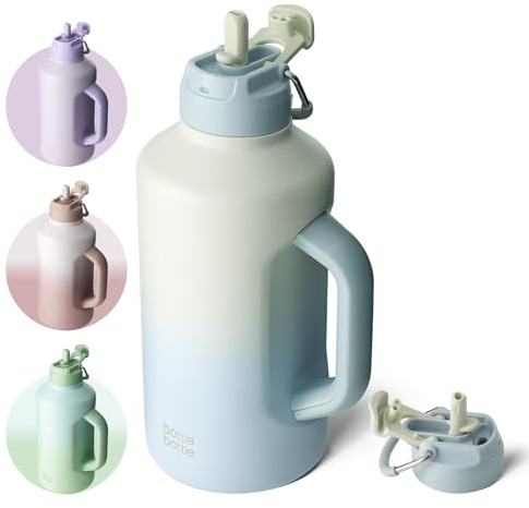 bottlebottle BOTTLE BOTTLE Isolierte Wasserflasche 1,8 l mit Strohhalm und doppeltem Deckel, Sport-Edelstahl-Wasserflasche mit Griff, Vakuum-Edelstahl, für Workout und Sport (grau-blau)