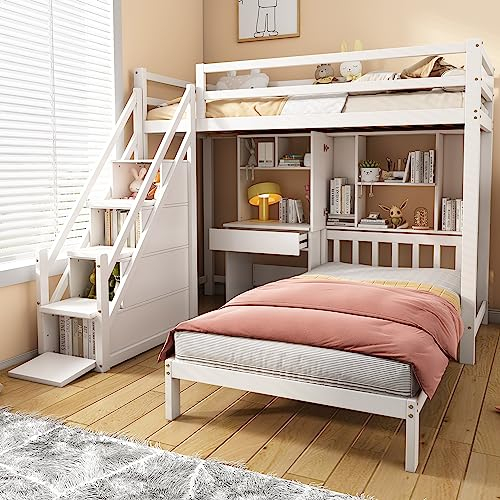 Kayan Etagenbett, Doppelbett, multifunktionales Kinderbett, Stauraumfunktion, mit Schreibtisch und Regale, mit Lattenrost, weiß, 90 * 200cm