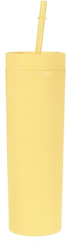 Uxcell Gobelet fin avec couvercles et pailles, gobelet réutilisable en acrylique à double paroi en plastique pour boissons chaudes et froides, 473 ml, jaune mat