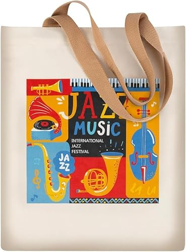 HilerPunk Sac fourre-tout réutilisable pour la musique, les courses, les cours de musique, sac à bandoulière de voyage en plein air, Motif d'instrument de jazz, Large