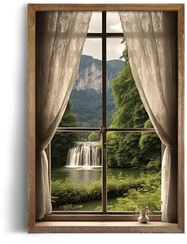 Rolled Canvas 24x36 Print Wall Decor - Windows View to Nature Wall Art - Decorations Bedroom, Living Room, Office - Serene Lake Cottagecore Poster Picture - Spring Summer Waterfall Forest Mountain