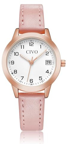 CIVO Damklocka läderrem: elegant liten analog vattentät damklocka armbandsur minimalistiska siffror urtavla, 2298 rosa läderrem, standard, rem