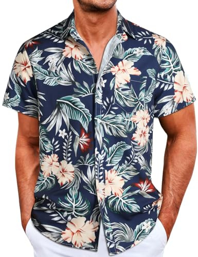 Danfiki Camicia Hawaiana Fiori Uomo a Maniche Corte Collo Botton-Down da Uomo Camicia da Uomo Hawaiana Stampa Hawaiana