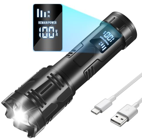 HOSONIC S-52 LED Taschenlampe Extrem Hell 2000 Lumens, Starke Zoombares Taschenlampe TYPE-C Aufladbar mit LCD-Digitalanzeige 4 Lichtmodi, IPX4, Taktische Flashlight für Outdoor, Wandern, Gassigehen