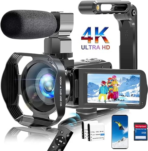 Videokamera 4K 60FPS Wi-Fi Camcorder HD 48MP Webcam IR Nachtsicht Vlogging Kamera für YouTube 18X Digitalzoom 3'' Touchscreen Video Camera mit SD-Karte, 2 Batterien, Fernbedienung, und Stabilisator