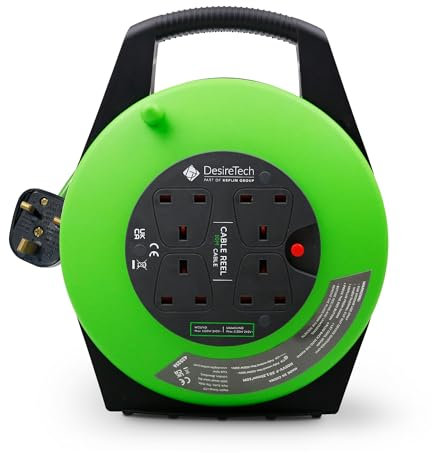Desiretech - 4 Socket Extension Lead - 10m Portable Cable Reel - Thermal Cut Out, Ergonomic Handle, Green/Black - Heavy Duty Extension Cord for Indoor Use (10 Mtere)