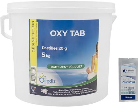OCEDIS OXY Tab 20 Pastilles 20g - 5kg | Désinfection Régulière et/ou Choc sans Chlore - Oxygène Actif Choc - Activateur de Brome - Dissolution Rapide + 10 Tests HPS OFFERTS 6 en 1