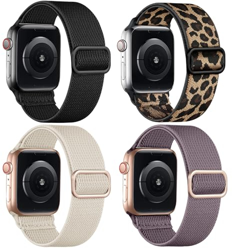 Oielai 4 Pack Loop Armband Kompatibel mit Apple Watch Armband 40mm 41mm 38mm 42mm, Geflochten Nylon Band für iWatch SE Series 11 10 9 8 7 6 5 4 3 2 1 SE 3, Schwarz/Leopard/Beige/Rauch Violett