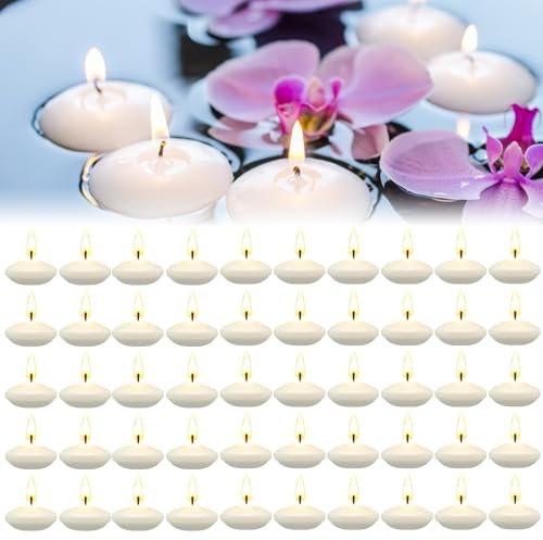 bechoanigel 50 Stücke Schwimmkerzen, Unparfümierte Tropffreies Schwimmende Kerzen, Floating Candles, Wasserkerzen Geeignet für Schwimmkerzenhalter, Schwimmdeko, Hochzeiten - Weiss
