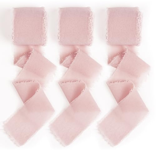 quiodok Chiffonband Rosa 3 Rollen Seidenband Schleifenband Hochzeit | Schleifenband Breit Hochzeit Fransenband für Hochzeitseinladungen, Brautsträuße, Geschenkverpackungen- 3cm x 15m