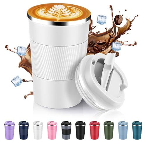 Volhoply Tasse à café de voyage isotherme en acier inoxydable de 390 ml avec couvercle à rabat, tasse à café réutilisable à double paroi sous vide, portable pour boissons chaudes et froides (blanc, 1)