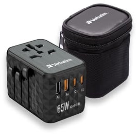 Verbatim GaN - Adattatore universale da viaggio con cavo USB C integrato, 85 W, con 1 porta USB‑A e 3 porte USB-C, caricatore rapido per laptop, cellulare, fotocamera, utilizzabile in tutto il mondo,