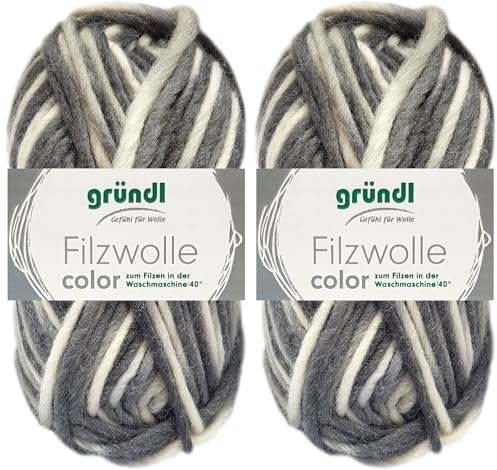 2x50 Gramm Gründl Filzwolle Color aus 100% reiner Schurwolle inkl. Anleitung für Topflappen (20 Schwarz Grau Weiss Multicolor)
