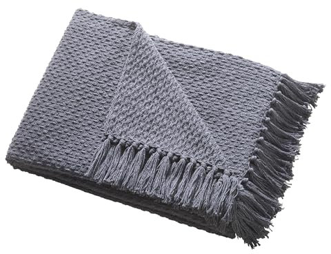 Drift Home - Couverture Plaid Charbon avec Pompon (200 x 200 cm) - Coton Recyclé Durable - Tissée/Texturée pour Canapé - Grise Extra Large