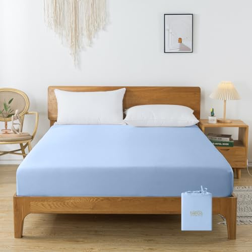 bienDo Spannbettlaken, 200x200 cm, Blau, Seiden Spannbettlacken Boxspringbett, Kühlend, Bambus - Veganer Seide Spannbetttücher, 35CM Hohe Matratze Topper, Weich und Atmungsaktiv