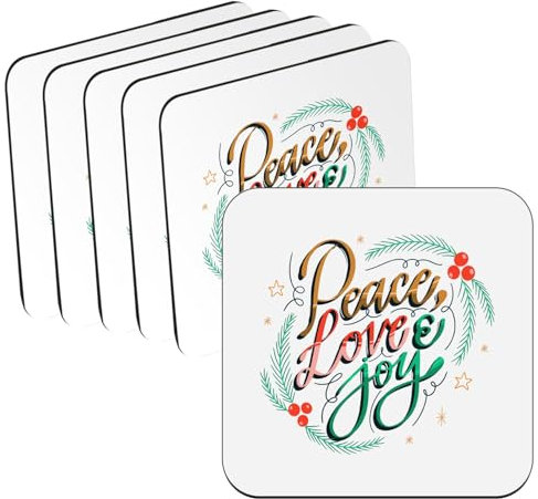 Untersetzer aus Holz – Peace Love and Joy Noel Stechpalme – 6 Stück (95 x 95 mm)