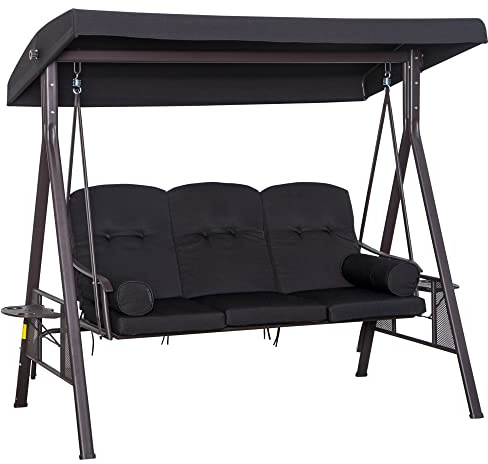 Outsunny Balancín de Jardín Exterior de 3 Plazas Columpio de Jardín Exterior con Toldo Curvo 2 Bandejas Laterales y 2 Almohadas de Brazo para Balcón Terraza Patio Carga 360 kg 206x116x183 cm Negro