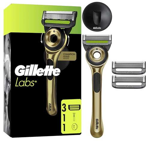 Gillette Labs mit Reinigungselement, Rasierer für Männer Champion Gold Edition, 1 Handstück 3 Ersatzklingen, mit Wandhalterung für einfache Lagerung