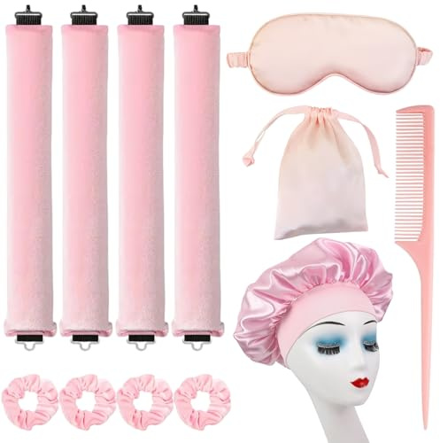 12pcs Heatless Curlers Set, Heatless Curling Iron Big Wave Hair Curling Tool Sleep Curler, Tail Comb, Elastic Bands, Hair Rings, Silk - like Eye Mask, Flannel Bag, Suitable for All Hairstyles (Pink)