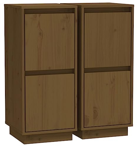 Makastle 2er Set Beistellschrank Sideboards mit 2 Türen, Schmaler Schrank Anrichte Standschrank Flurschrank für Küche Wohnzimmer Flur, Honigbraun 31,5x34x75 cm Massivholz Kiefer