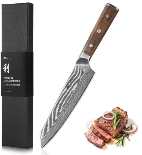 Wakoli Hickory Kiritsuke Damastmesser 20 cm Klinge aus 67 Lagen Damaststahl | mit VG10-Kern, Full-Tang, 15° V-Schliff und Walnussholzgriff, Profi-Kochmesser für Fleisch, Fisch und Gemüse, mit Geschenkbox