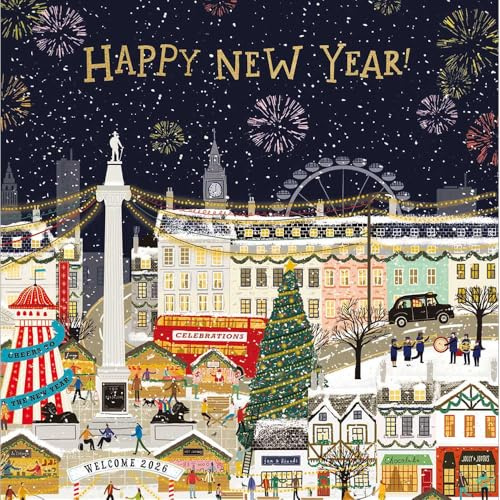 Woodmansterne Happy New Year Card - Snowy London Eye Fireworks Design - New Years Greeting Card for Family or Friends