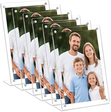 Wbtran Acrylic Magnetic Picture Frames 4x6 inch, Set Of 6 Clear Slanted Back Magnetic Frameless Transparent Photo Frame for Desktop Display, Standing Photo Display Holder for Home, Office