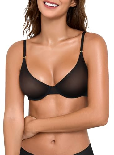 UMIPUBO Reggiseno Donna Senza Cuciture Reggiseni Sexy Semi Trasparente Ferretto Comodo Sexy Sheer Mesh Push Up Scollo a V Senza Imbottito Spalline Regolabili (Nero, 3C)