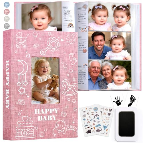 Baby Photo Album 4x6 300 Pockets with Memo Area, Photo Stickers & Hand and Footprint Kit, Linen Cover Baby Memory Book with Front Window, First Year Keepsake for Newborn Boy Girl