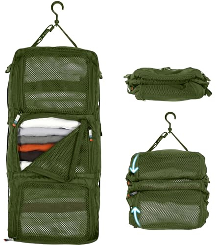 TRAVEL DUDE Hängeorganizer mit Kompression aus recycelten Plastikflaschen | Tragbare Reiseregale für Rucksack und Koffer | Hanging Packing Cube in Waldgrün