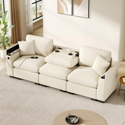 vutizal Divano multifunzione a 3 posti: con tavolo pieghevole, porta USB, portabevande e vano portaoggetti, rivestimento in ciniglia, per soggiorno e home theatre, beige