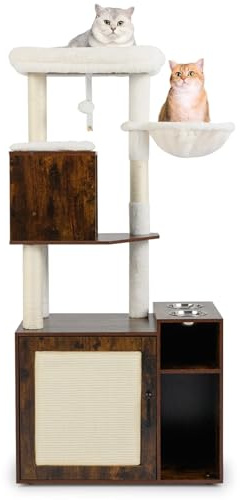 COSTWAY Cat Tree with Litter Box Enclosure, Cats Climbing Tower with Sisal Scratching Post & Mat, Dangling Ball, 2 Feeding Bowls, Wooden Hidden Kitty Washroom (Rustic Brown)