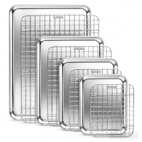 8-Piece Baking Tray & Rack Set, 304 Food Grade Stainless Steel, Non-Toxic & No Coating, Heavy Duty Baking Sheets with Cooling Racks, Dishwasher Safe, 4 Sizes for Oven & Toaster