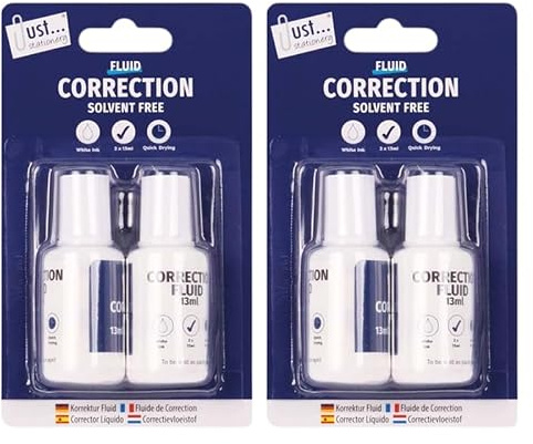 M1SS Correction Fluid Pack of 4 Bottles (2 x 13ml x 2 Packs) – Solvent-Free White Correction Ink with Brush Applicator, Quick Drying, Safe for School & Office Use