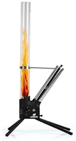 Colonna braciere nero/argento – Braciere a pellet per esterni, 126,5 cm, con tubo in vetro borosilicato, basso fumo, durata fino a 75 minuti, in acciaio inox e alluminio, per giardino e terrazza