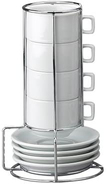 HIC Kitchen Stackable Espresso Coffee Set, Fine Porcelain, 9-Piece Set, 4-Ounce Service for 4 Plus Storage Stand