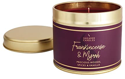 Shearer Candles Frankincense and Myrrh Large Scented Gold Tin Candle - Burgundy