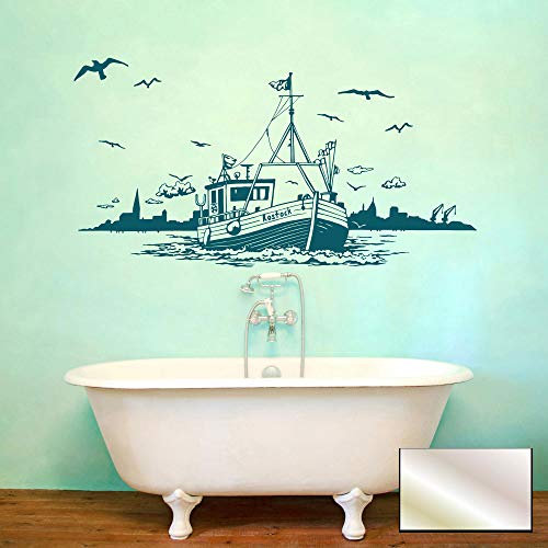 Wandtattoo Kutter Boot Schiff mit Skyline Stadt Rostock maritim Möwen Wasser Meer Wanddeko M2164 - ausgewählte Farbe: *silber* ausgewählte Größe: *XXL - 67cm hoch x 140cm breit*