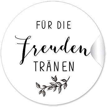 72 Sticker Für die Freuden Tränen Etiketten zur Hochzeit als Gastgeschenk mit Zweig in Schwarz für Taschentücher Verpackungen zur Trauung, Etiketten 4 cm, rund, matt