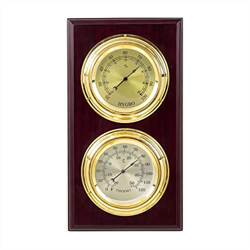 Station météo rectangulaire (2 en 1) | Base en bois finition antique | Cadrans ronds en laiton poli massif avec affichage numérique | Hygromètre + thermomètre | Décoration murale marine idées rétro