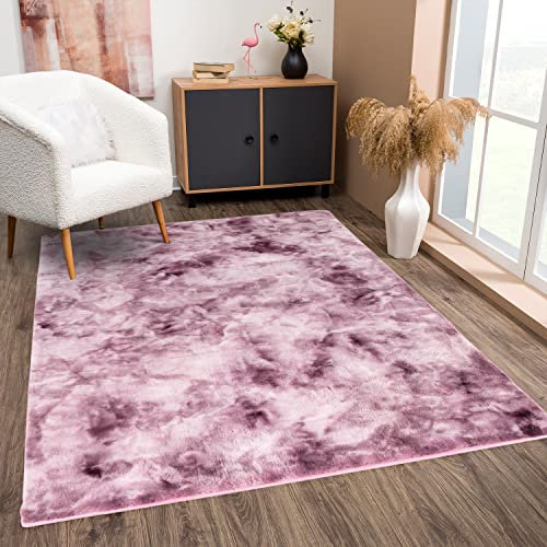 payé Teppich Wohnzimmer Hochflor - Lila Weiß - 80x150cm - Kuschelig Super Soft Weich Touch - Schlafzimmer Läufer Dekoration - Deko Teppiche
