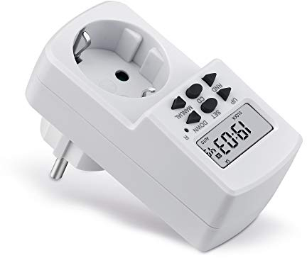 conecto Temporizador Digital para el Enchufe, 8 programas de conmutación, Pantalla LCD de 1,5, Incl. batería de Reserva, IP20, 1800 vatios, Blanco